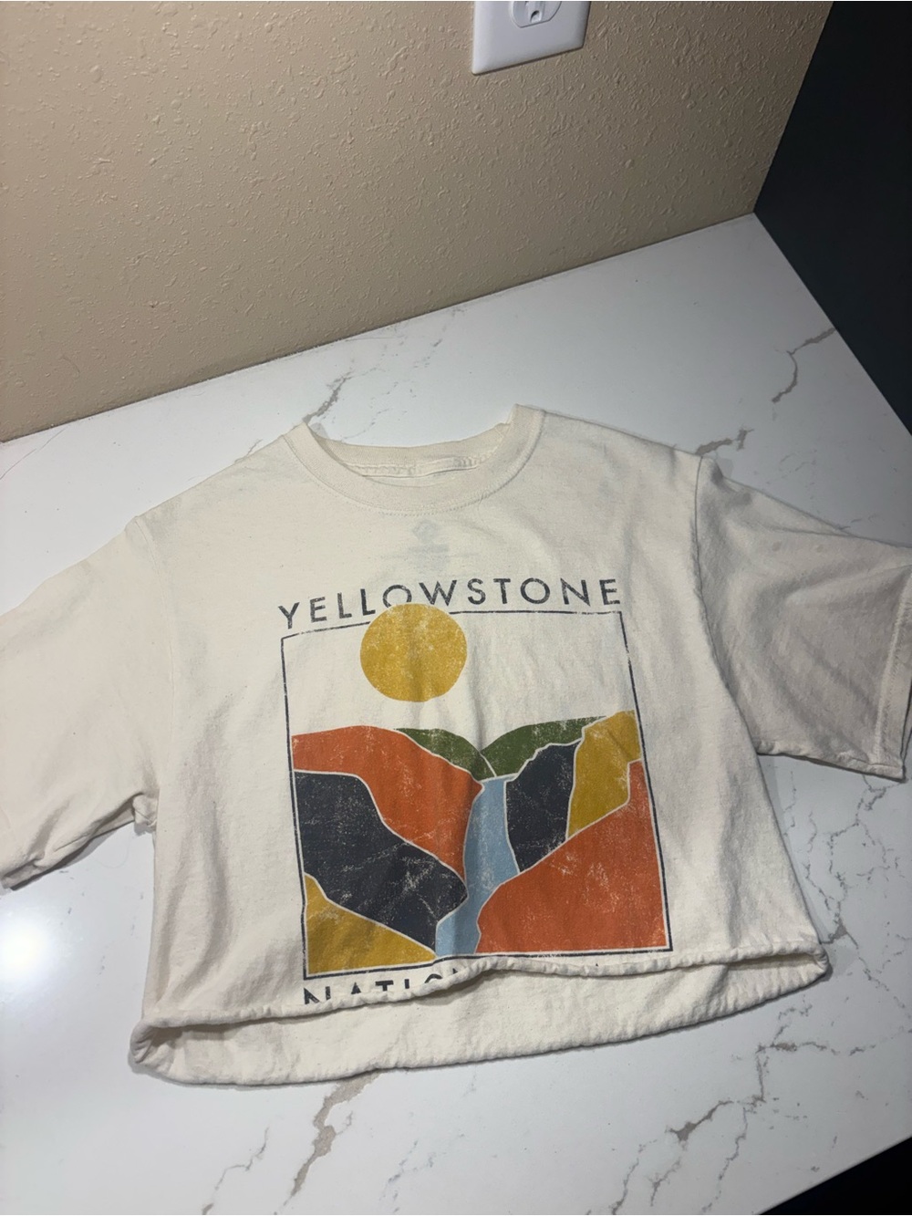 Yellowstone Graphic Cropped Tee - Cream with Multicolor Print